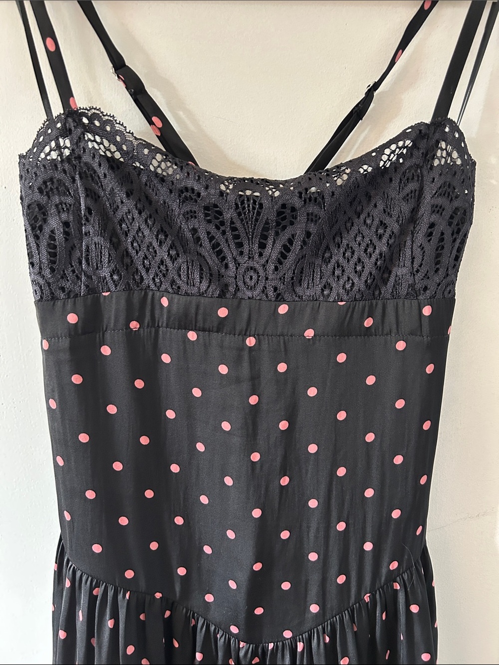 Intimately Free People City Wanders Trapeze Slip Black/Pink Polka Dot Lace Trim - Picture 2 of 14